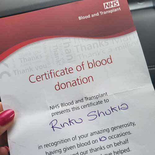 Blood donation certificate